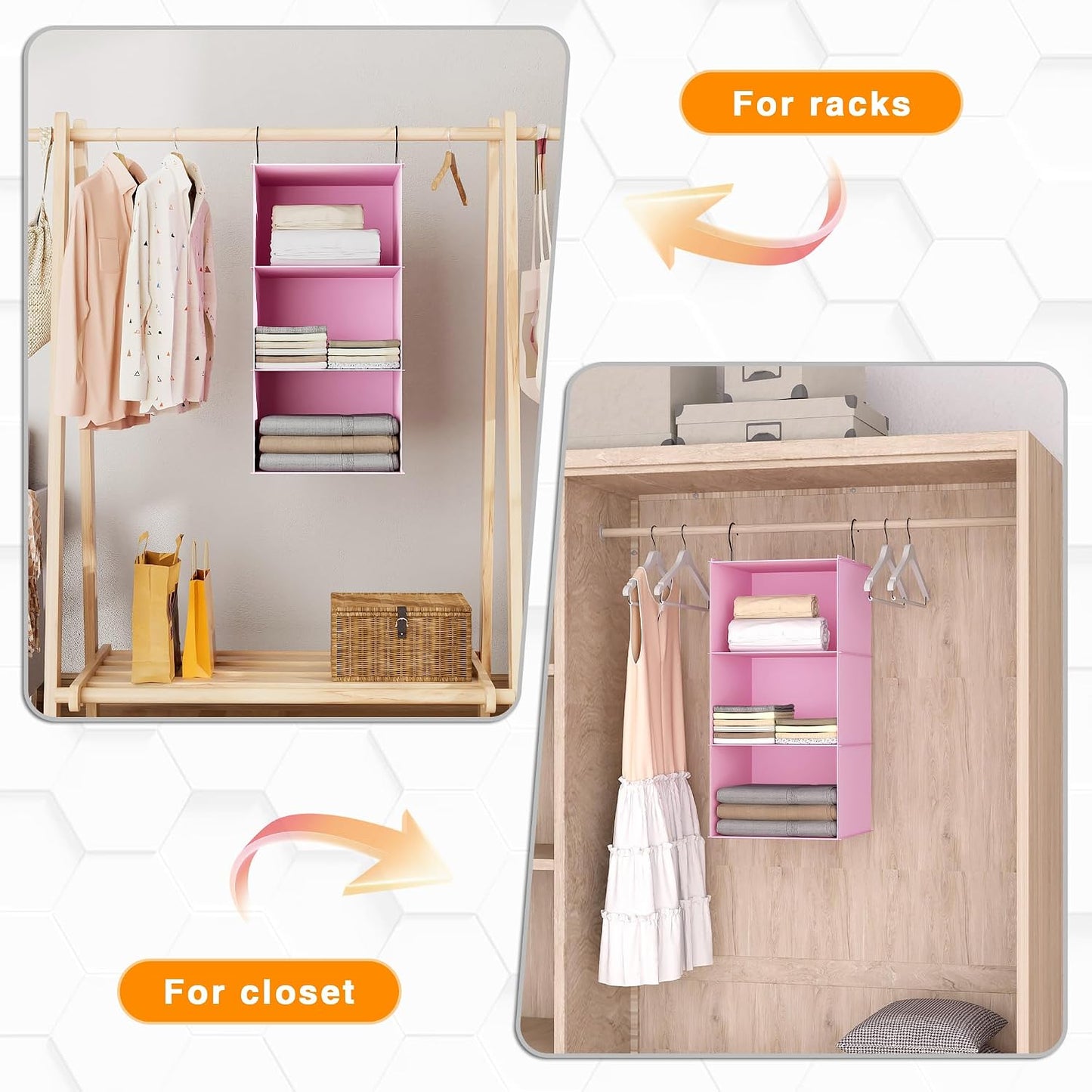 Hanging Closet Organizer 3-Shelf, Oxford Fabric Wardrobe Storage, Gray | Easy-mount foldable design holds clothes, handbags, shoes & accessories; washable Oxford fabric, sturdy and space-saving.