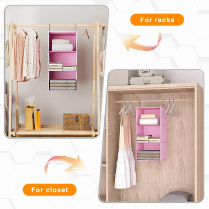 Hanging Closet Organizer 3-Shelf, Oxford Fabric Wardrobe Storage, Gray | Easy-mount foldable design holds clothes, handbags, shoes & accessories; washable Oxford fabric, sturdy and space-saving.