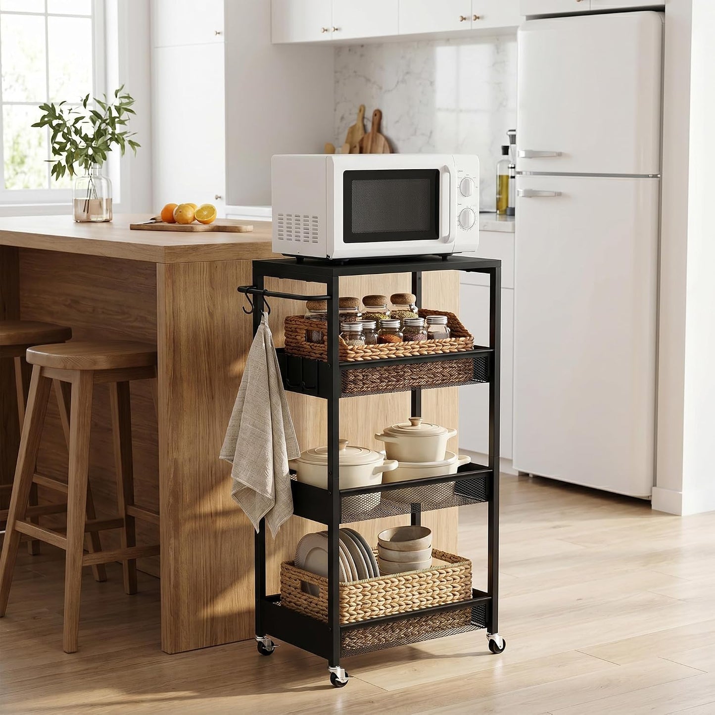Vincona 7.1" Wide Slim Storage Cart on Wheels, 4 Tier Metal Narrow Rolling Cart with Handle and Wood Top, Multifunctional Small Mobile Shelf Unit Organizer Trolley for Laundry, Bathroom, Kitchen