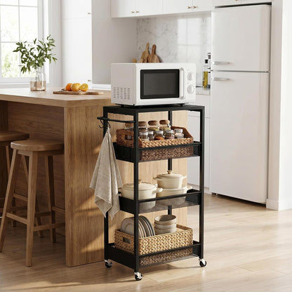 Vincona 7.1" Wide Slim Storage Cart on Wheels, 4 Tier Metal Narrow Rolling Cart with Handle and Wood Top, Multifunctional Small Mobile Shelf Unit Organizer Trolley for Laundry, Bathroom, Kitchen