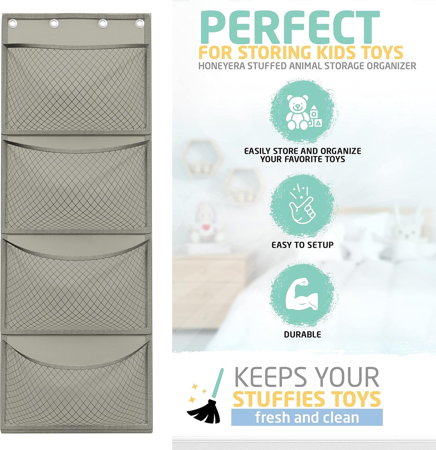 Honeyera The Original Stuffed Animal Storage (Patented) - Over Door Organizer for Stuffies, Baby Ideas Holder, Toy Plush Hammock Hanging Net Big Girls Toddler Large Bag Animals Stuffy Behind