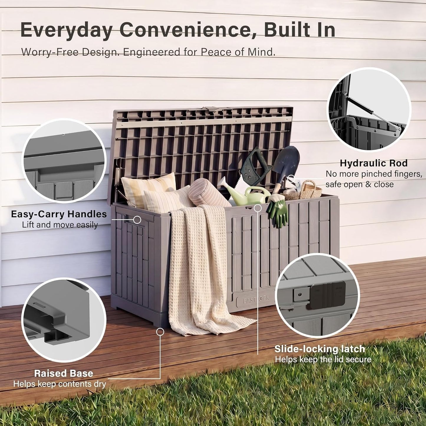 EAST OAK Outdoor Storage Box, 60 Gallon Deck Box Indoor and Outdoor Use, Waterproof Resin Storage Bin for Patio Cushions, Gardening Tools, Lockable, UV Resistant, Grey
