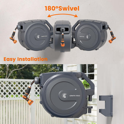 Giraffe Tools Retractable Garden Hose Reel 1/2 Inch x 130 ft, Super Heavy Duty, Any Length Lock, Slow Return System, Wall Mounted and 180 Deg Swivel Bracket