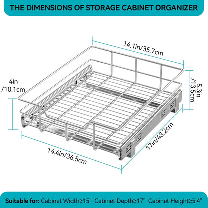 2 Tier Pull Out Cabinet Organizer 11" W X 22" D, Slide Out Drawers For Kitchen Cabinets, Pull Out Drawers For Cabinets Capacity Heavy Duty Caddy, Cabinet Pullout Shelves Chrome-Plated, Bathroom Pantry