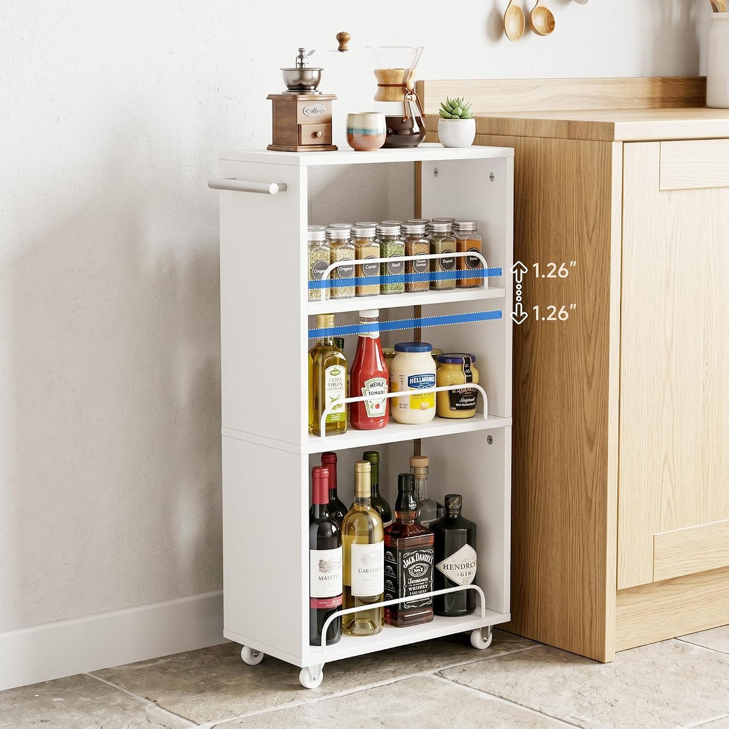 Slim Rolling Storage Cart,4 Tier White Rolling Utility Cart Slide Out Rack | Narrow Spice Rack Organizer Trolley for Kitchen Bathroom Larundry Small Corner 7.7inch wide