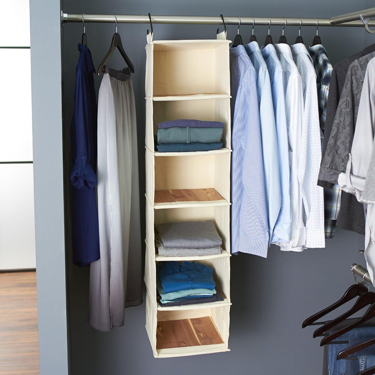 Household Essentials Cedarline 6‑Shelf Hanging Closet Organizer in Heavy‑Duty Cotton Canvas, Cream