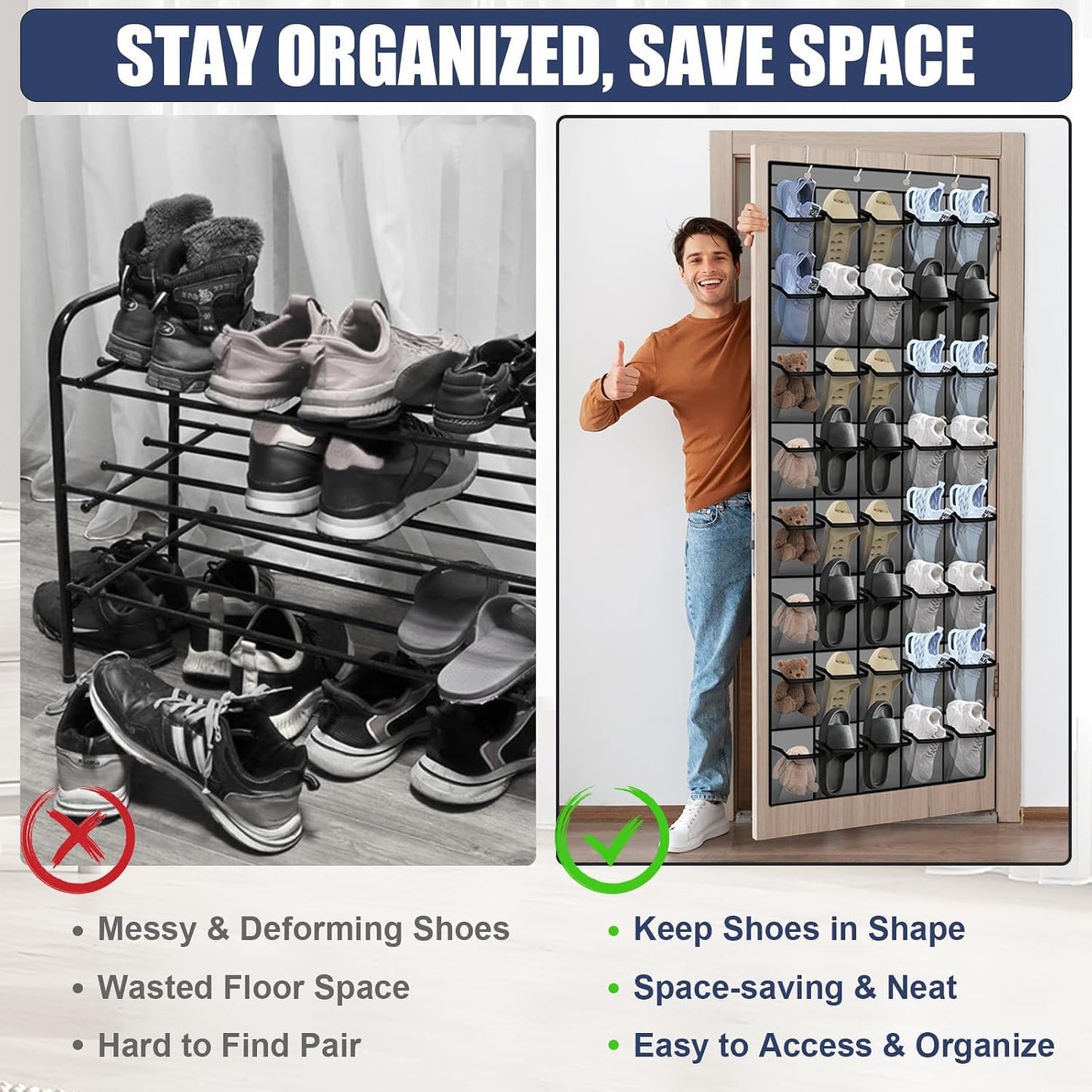 Over the Door Shoe Organizer - 24 Large Breathable Mesh Pockets, Space Saving Hanging Shoe Organizer with Metal Hooks, Hanging Shoe Rack for Men's and Women's Shoes (White)