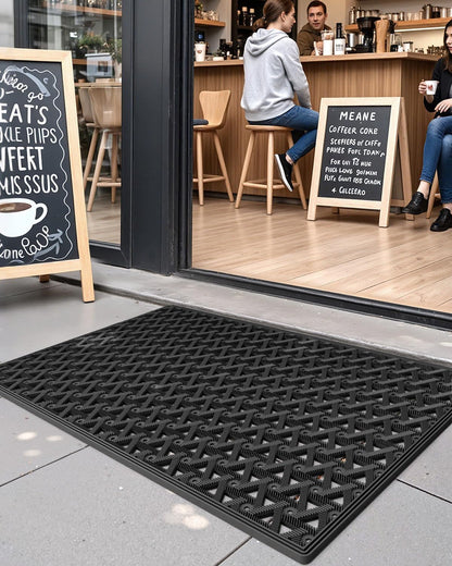 DEXI Front Door Mat Outside Entrance Rubber 19x30, Welcome Floor Doormat Heavy Duty Non Slip, Dirt Trapper Waterproof Exterior Entry Mats All Weather for Patio Entryway Drainage, Black