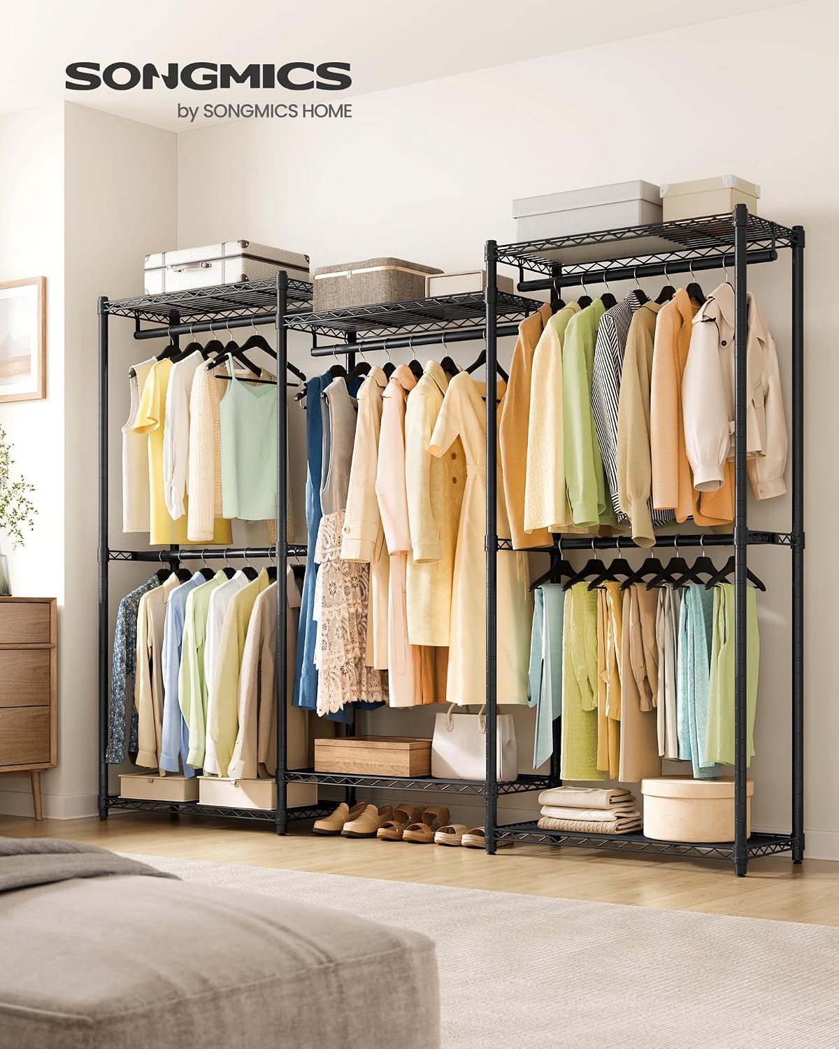 SONGMICS Heavy-Duty Clothes Rack, Garment Rack, Portable Closet, 68.7-Inch Wide Clothing Rack with Adjustable Mesh Shelves and Hanging Rails, Ink Black ULGR433B01