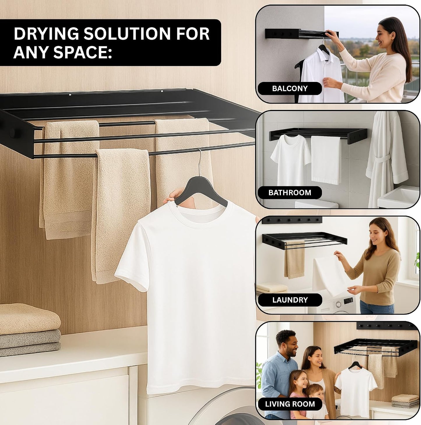Wall Mounted Drying Racks for Laundry (31.5 Inches Wide) – Retractable Clothes Drying Rack wall Mounted with Carbon Steel Panel 6 Knobs & 5 Aluminium rods, Wall Drying Rack with Screws (Black)