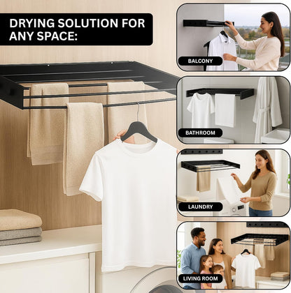 Wall Mounted Drying Racks for Laundry (31.5 Inches Wide) – Retractable Clothes Drying Rack wall Mounted with Carbon Steel Panel 6 Knobs & 5 Aluminium rods, Wall Drying Rack with Screws (Black)