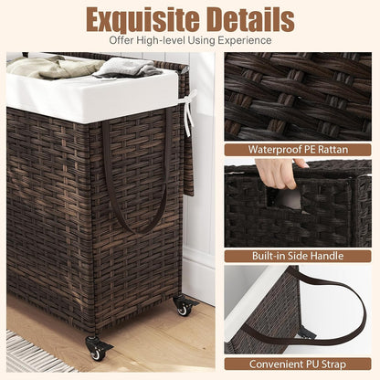 GOFLAME Laundry Hamper with Lid and Wheels, 125L Hand Woven Rattan Laundry Basket with 3 Divided Sections, Handles, 2 Removable and Washable Liner Bags, Dirty Clothes Hamper for Bedroom (Natural)