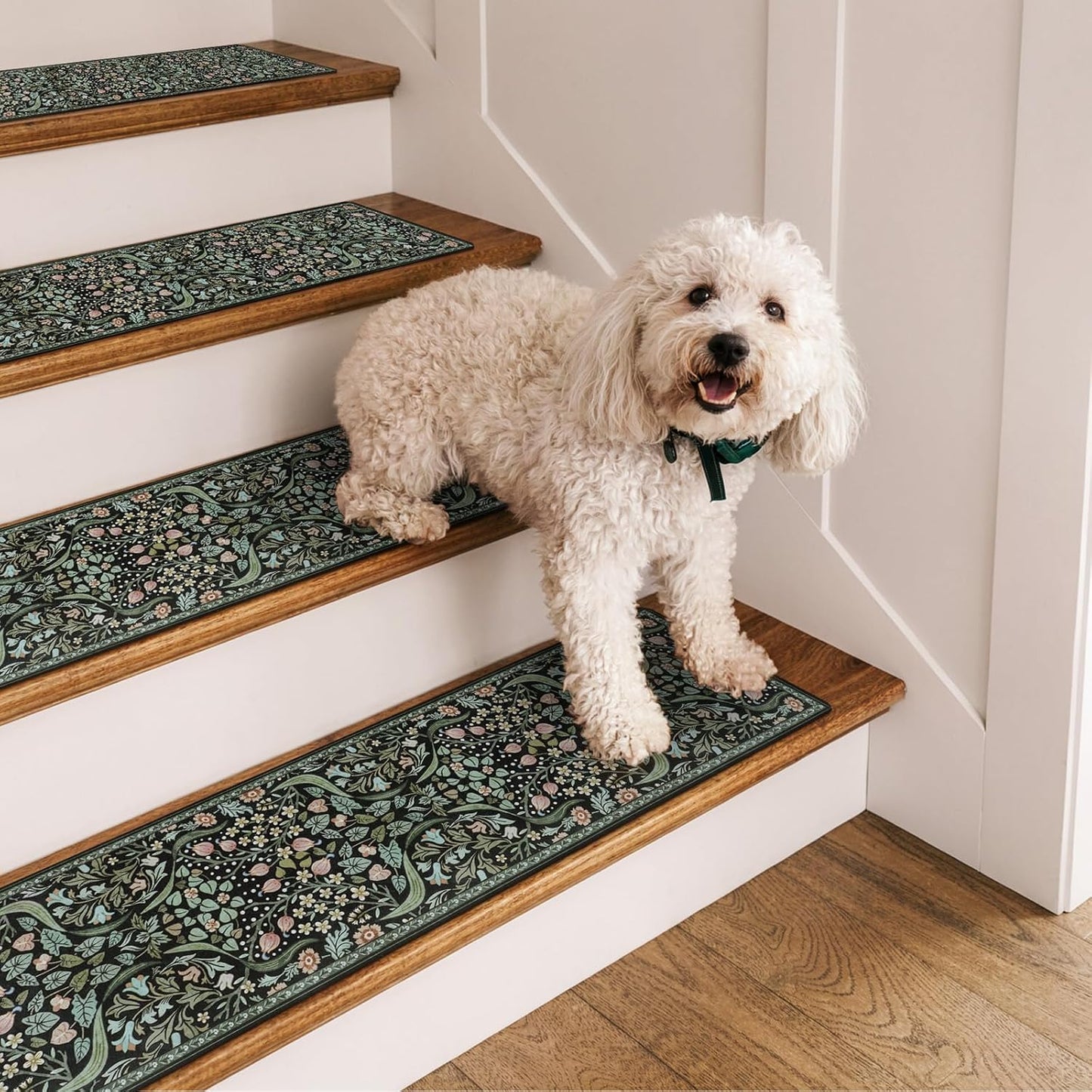 OJIA Floral Stair Treads Non-Slip Stair Runner for Wooden Steps Indoor 15PCS 30"x8" Carpet Stair Treads Stair Mats Staircase Step Treads for Kids, Elders and Dogs, Stair Covers, Black