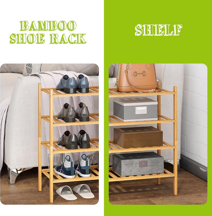 BMOSU 2-Tier Bamboo Small Shoe Rack Premium Stackable Shoe Shelf Storage Organizer for Hallway Closet Living Room Entryway Organizer (Black Bamboo)
