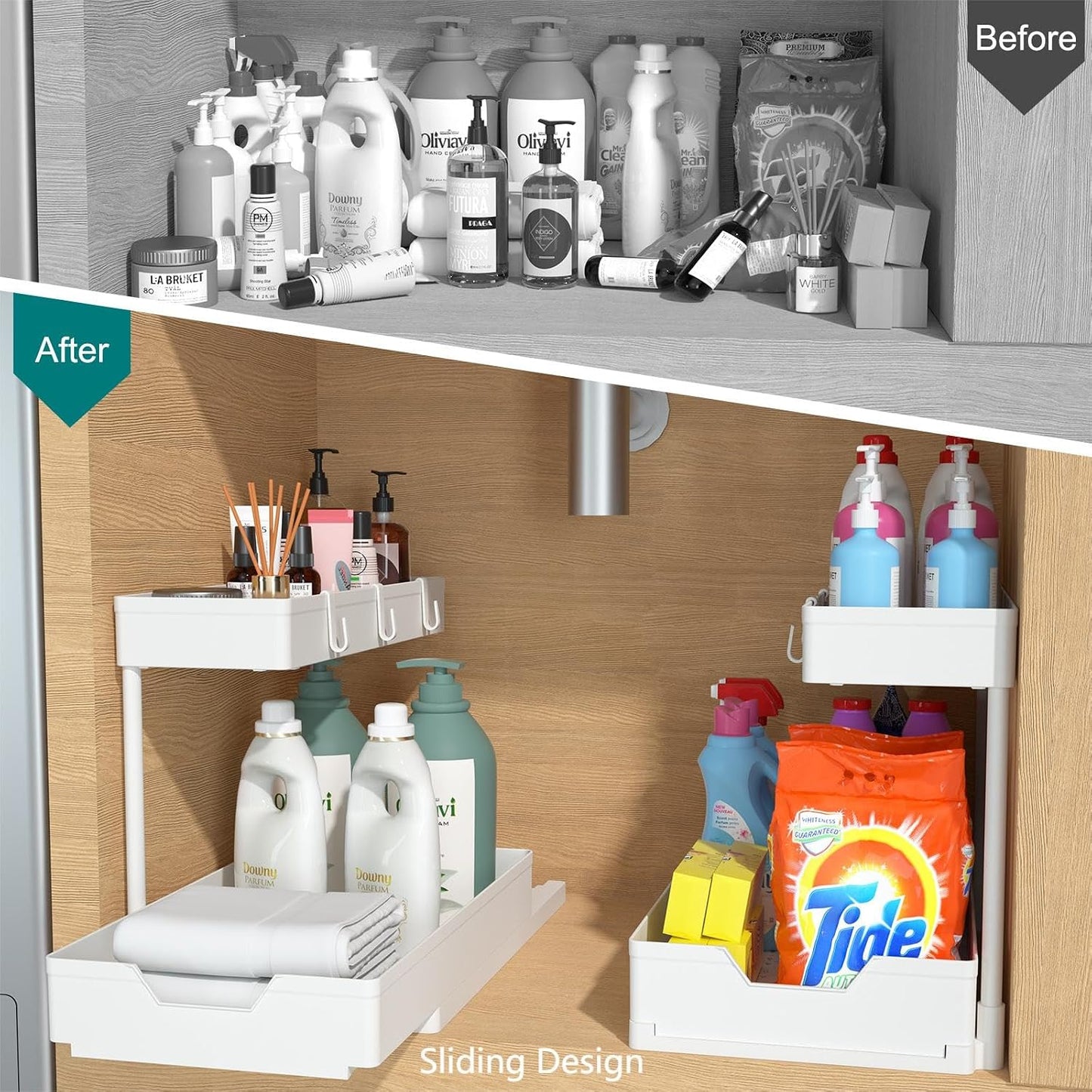 NATURE'S SOURCE 2 Pack Under Sink Organizer 2 Tier Sliding Cabinet Organizers Multi-Purpose Sink Storage Basket L-Shape Narrow Space Storage Shelves with 4 Hook for Kitchen Bathroom Drawer, Black