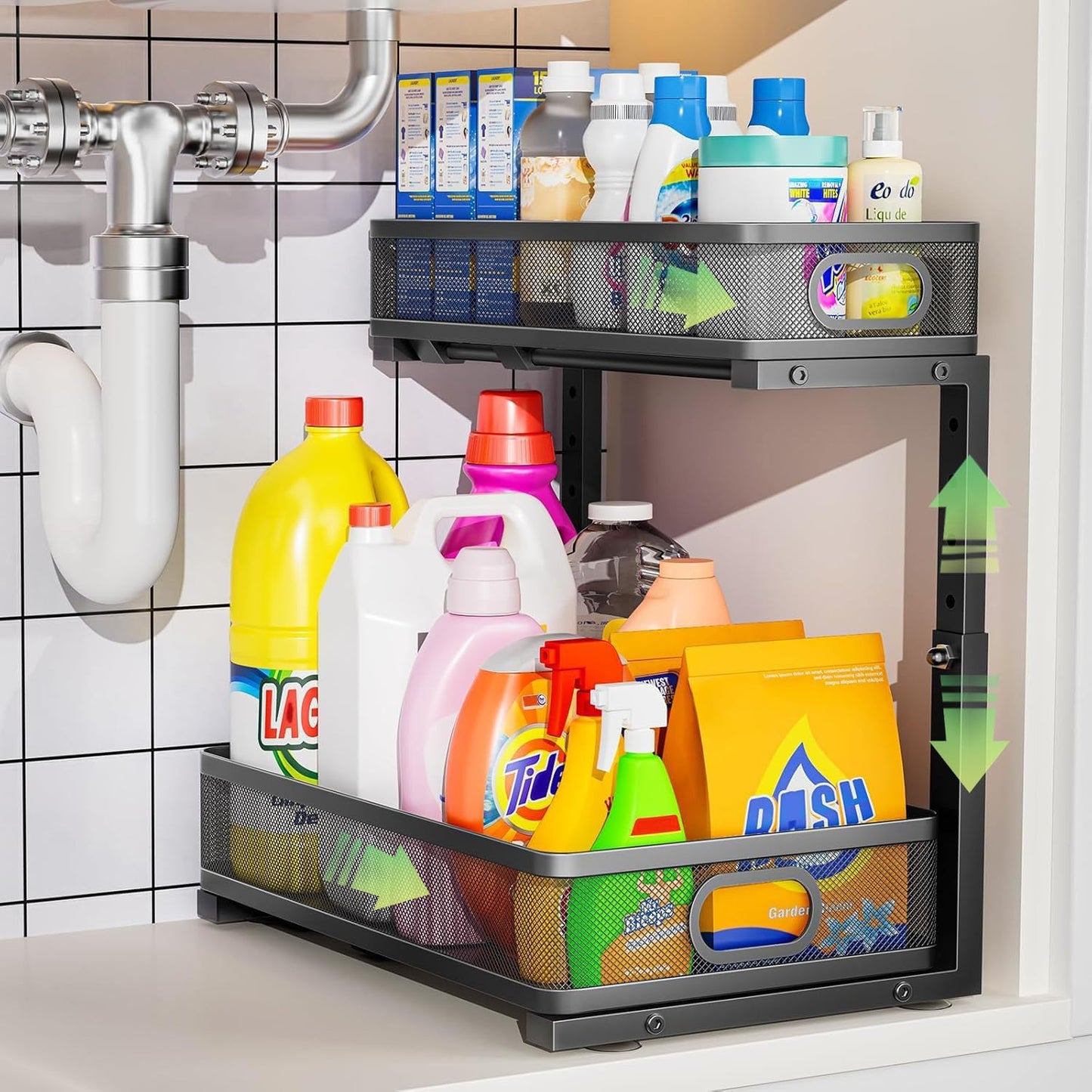 Under Sink Organizer 2 Pack, High Adjustable 2 Tier Under Sink Organizers and Storage, Slide out Metal Cabinet Organizers, Pull out Storage Drawer Shelf for Kitchen Bathroom Cabinet (Black-1pack)