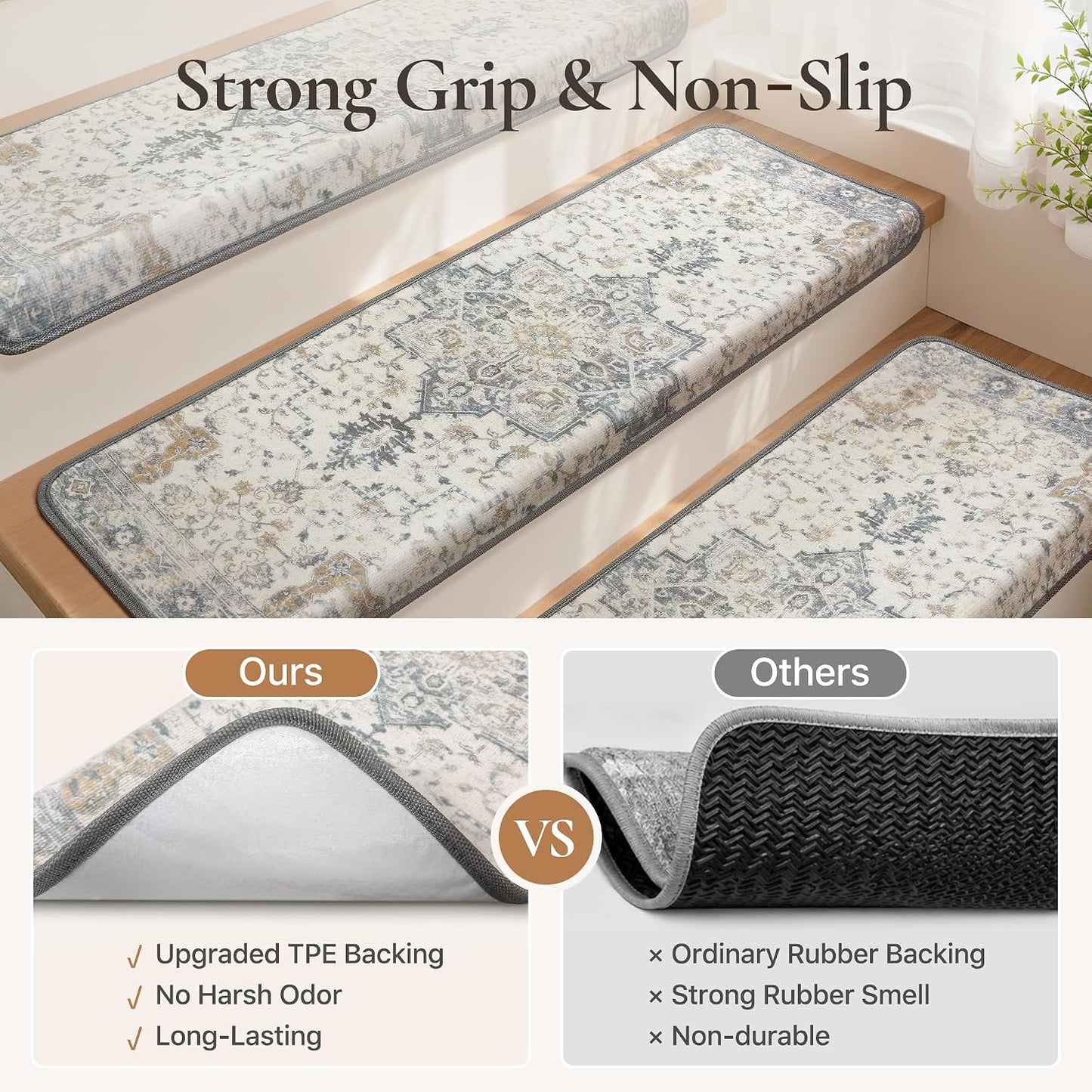 sarben Non Slip Stair Treads for Wooden Steps 15PCS - 8"x30" Indoor Safety Carpet, Edging Mats with TPE Adhesive Backing, Pet and Elderly Friendly Stair Rugs (Taupe) - Colors A