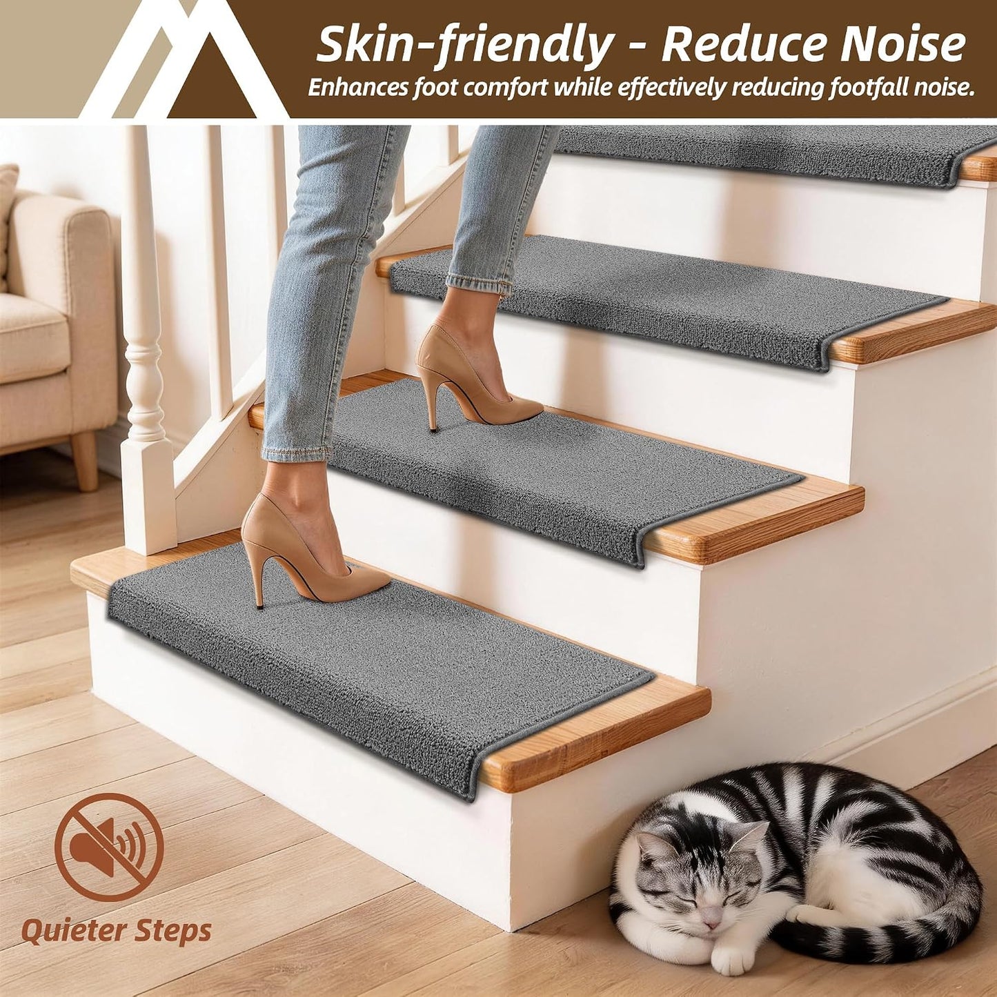 COSY HOMEER Bullnose Carpet Stair Treads, Peel and Stick Non-Slip Stair Treads for Wooden Steps, 11" x 30" Indoor Stair-Runner Rugs (4Pc, Gray)