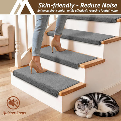 COSY HOMEER Bullnose Carpet Stair Treads, Peel and Stick Non-Slip Stair Treads for Wooden Steps, 11" x 30" Indoor Stair-Runner Rugs (4Pc, Gray)