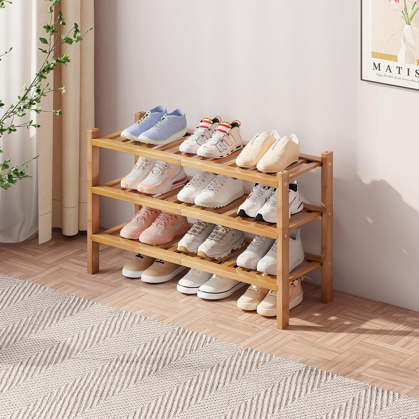 Bamboo Shoe Rack Organizer for Closet and Entryway - Space-Saving Narrow Shoe Stand - Versatile Shoe Holder for Door or Closet Shelf, Garage Bedroom can Freely Stack DIY Small Shoe Racks 3 Tier