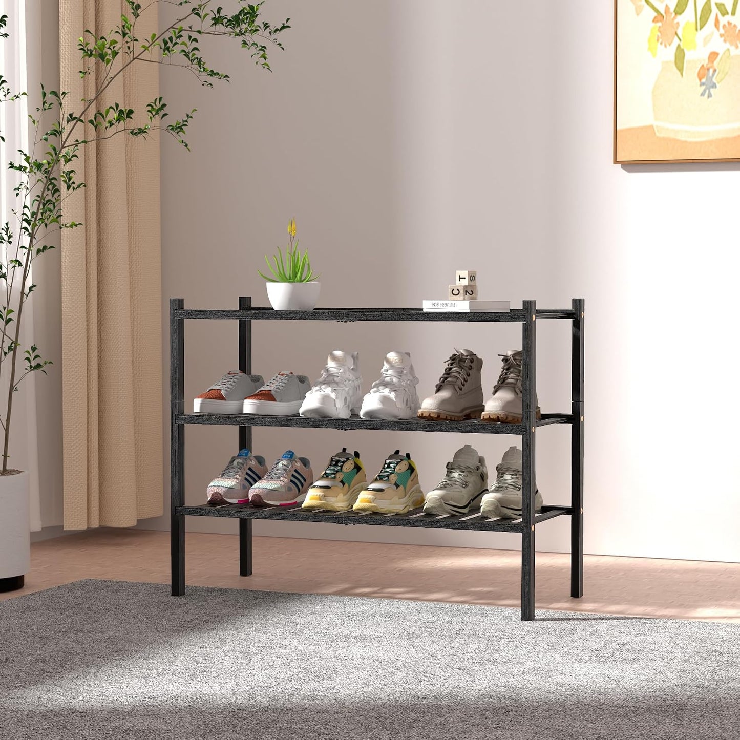 ROMGUAR CRAFT 3 Tier Bamboo Shoe Rack for Closet Free Standing Wood Shoe Shelf Storage Organizer for Entryway Small Space Stackable 27"x11"x20" (Natural)
