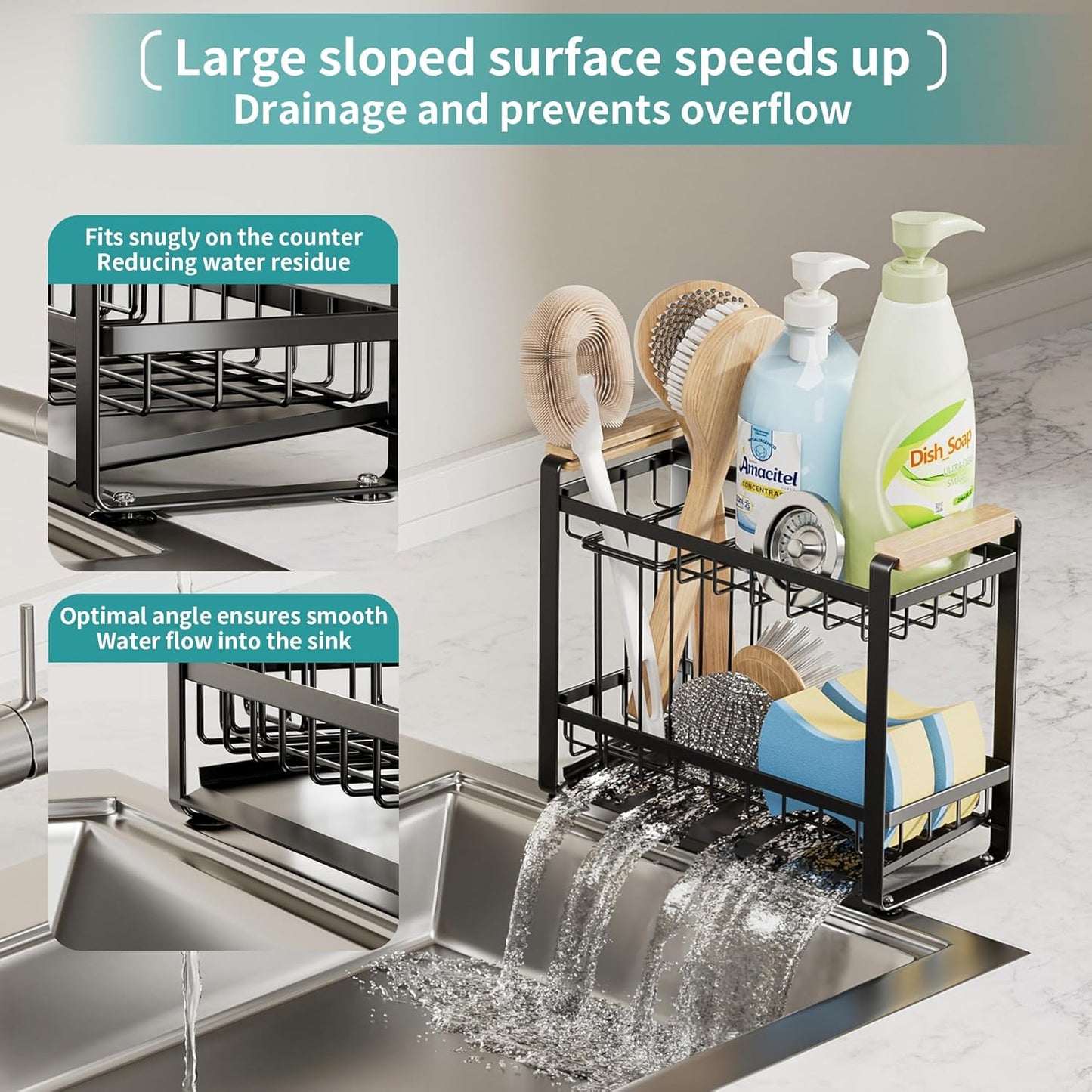 Sink Caddy Organizer with Wooden Handle & Self-Draining Tray, Trapezoid Kitchen Sponge Holder with Non-Slip Suction Cups , Organizer for Sponge, Brush, Soap Dispenser for Sink and Bathroom Countertop
