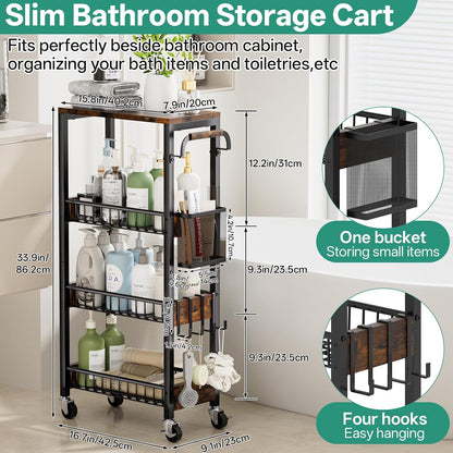 DTUQYX Slim Rolling Storage Cart, 4 Tier Small Organizer Cart with Wheels, Metal Utility Shelf Kitchen Bathroom Laundry Room Organization Trolley with Handle for Narrow Space (9.1" W Metal Basket)