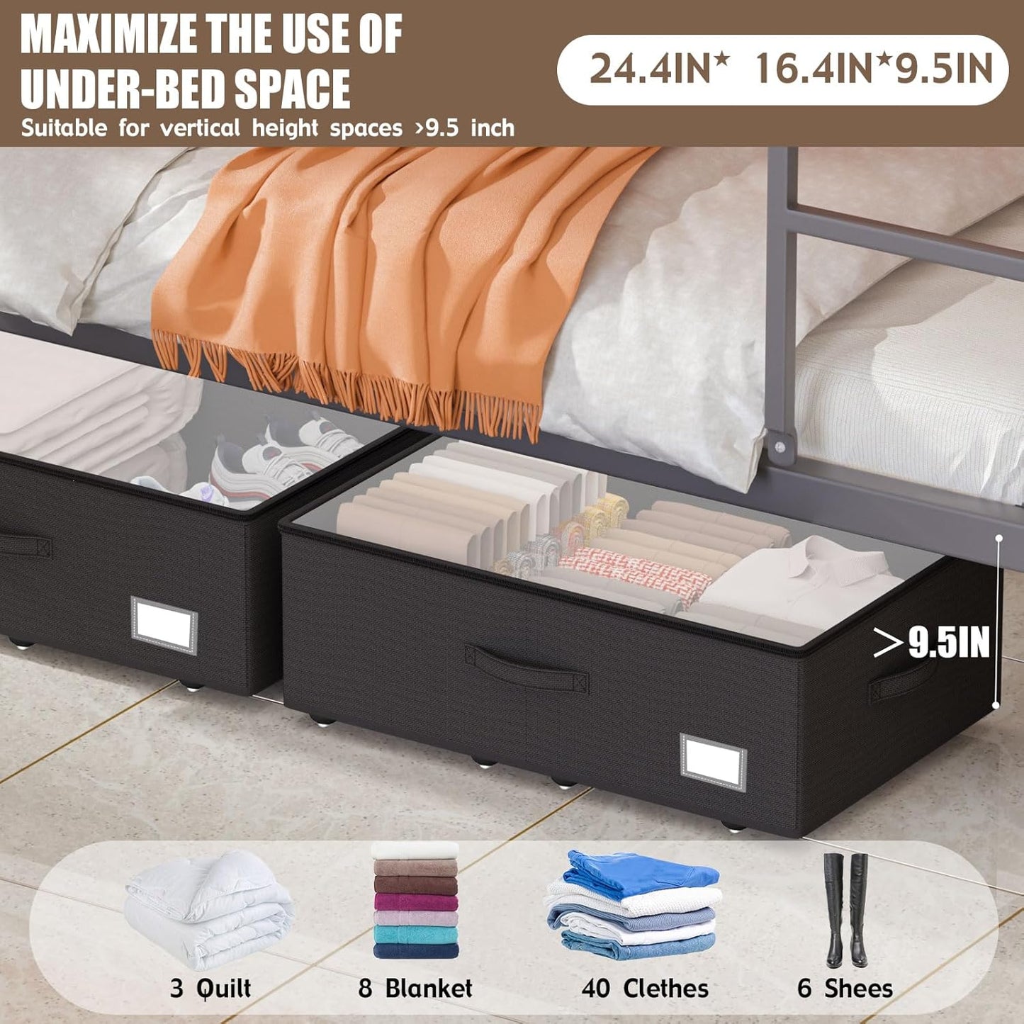 EE-RoomWorld Under Bed Storage with Wheels, No Assemble Required 5.5 inches height grey under bed storage bins,Low Profile Rolling Underbed Shoe Storage containers，dorm underbed storage drawers