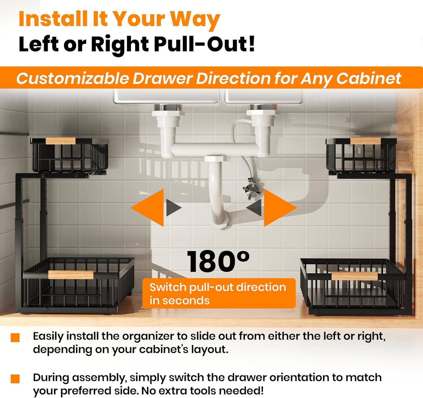 Under Sink Organizer, 2-Tier Pull-Out Cabinet Organizer – Adjustable Height, Left or Right Install – Smooth Slide-Out Drawers, Heavy-Duty Metal Rack for Kitchen & Bathroom, 1 Pack
