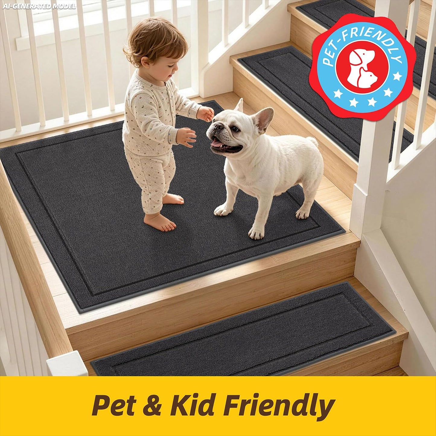 JSEI Stair Treads for Wooden Steps Indoor, 15-Pack Non Slip Stair Treads 30" x 8", Washable Polyester Stair Mats with TPE Backing, Low Profile Stair Rugs for Kids, Seniors and Dogs, Brown