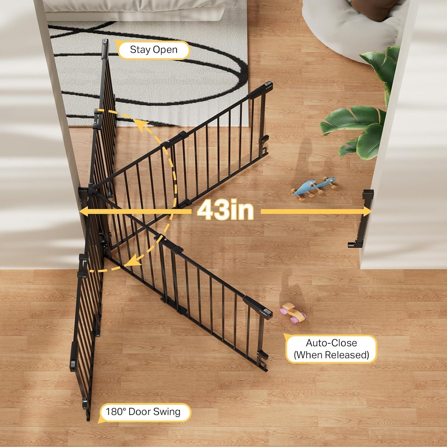 Cumbor 29.2–43" Baby Gate for Stairs, Hardware Mounted (Drill Required), Expandable No Bottom Bar Dog Gate, Auto Close Extra Wide Walk Thru, Pet & Toddler Proof Gate, Top & Bottom of Stairways (White)