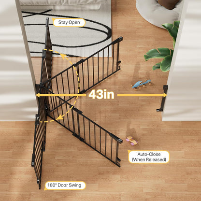 Cumbor 29.2–43" Baby Gate for Stairs, Hardware Mounted (Drill Required), Expandable No Bottom Bar Dog Gate, Auto Close Extra Wide Walk Thru, Pet & Toddler Proof Gate, Top & Bottom of Stairways (White)
