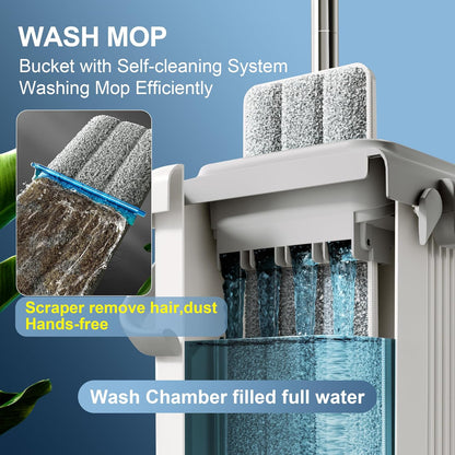 JOYMOOP Mop and Bucket Set, Flat Mops for Floor & Wall Cleaning, Commercial & Household Use, Hardwood Floor Mop with Long Handle & 4 Microfiber Pads