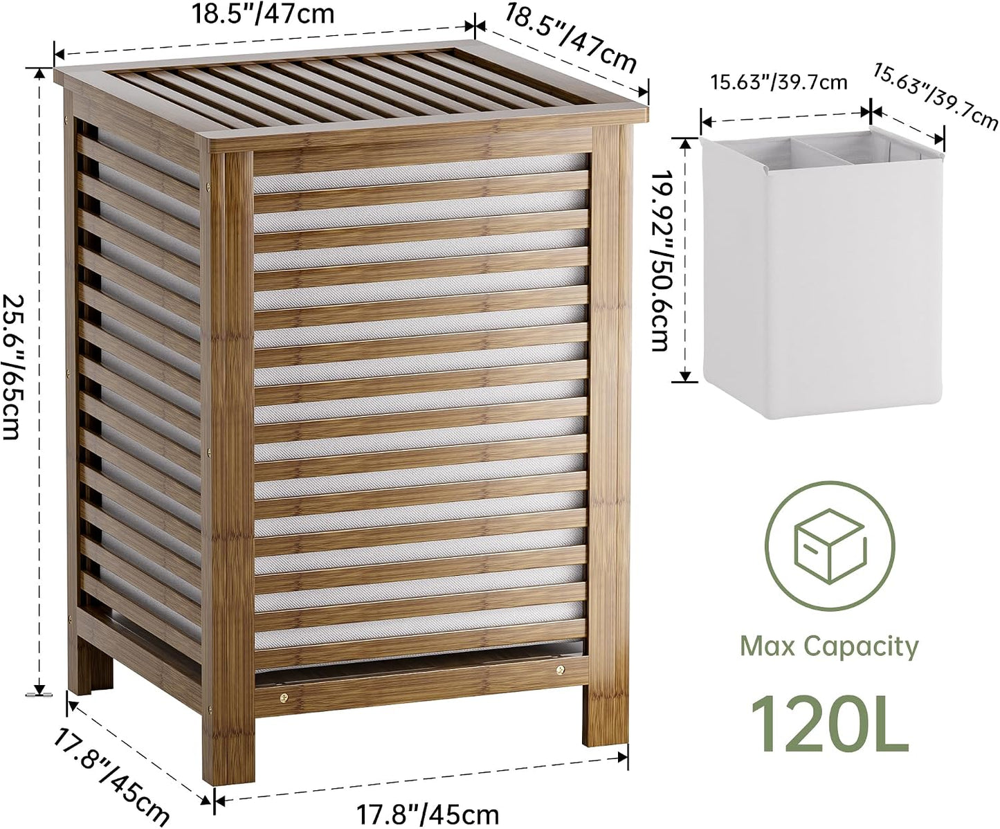 SMIBUY Double Laundry Hamper with Lid, 120L Bamboo Laundry Basket with Removable Liner Bag, 2-Section Clothes Divider Laundry Sorter for Laundry Room, Bathroom, Bedroom (Walnut)