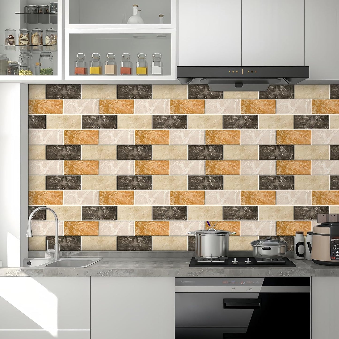 10 Sheets Peel and Stick Backsplash for Kitchen 12"X12" Back Splash Adhesive Subway Wall Tile Flat Vinyl Sticker for Bathroom on Renter Friendly Marble 2-6 (Not 3D Tile)