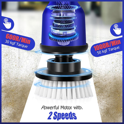 2 Batteries Electric Cleaning Brush for Bathroom, 1200RPM Power Cordless Spin Scrubber with 6 Replaceable Brush Heads and Telescopic Handle, 2 Speeds for Shower Bathtub Kitchen Window Car