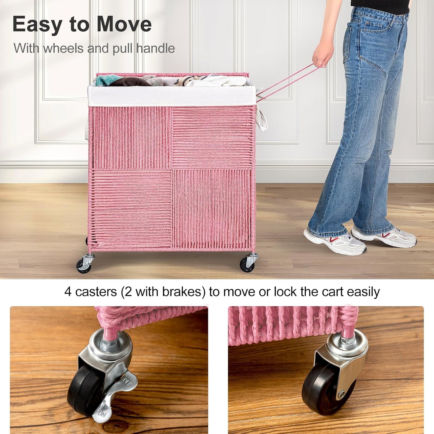 WOWLIVE Double Laundry Hamper with Lid, Handwoven Rolling Laundry Basket with Wheels, 115L Dirty Clothes Hamper with Removable Liner Bag Large Capacity Laundry Sorter Laundry Room Organization,Natural