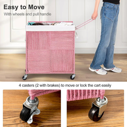 WOWLIVE Double Laundry Hamper with Lid, Handwoven Rolling Laundry Basket with Wheels, 115L Dirty Clothes Hamper with Removable Liner Bag Large Capacity Laundry Sorter Laundry Room Organization,Natural