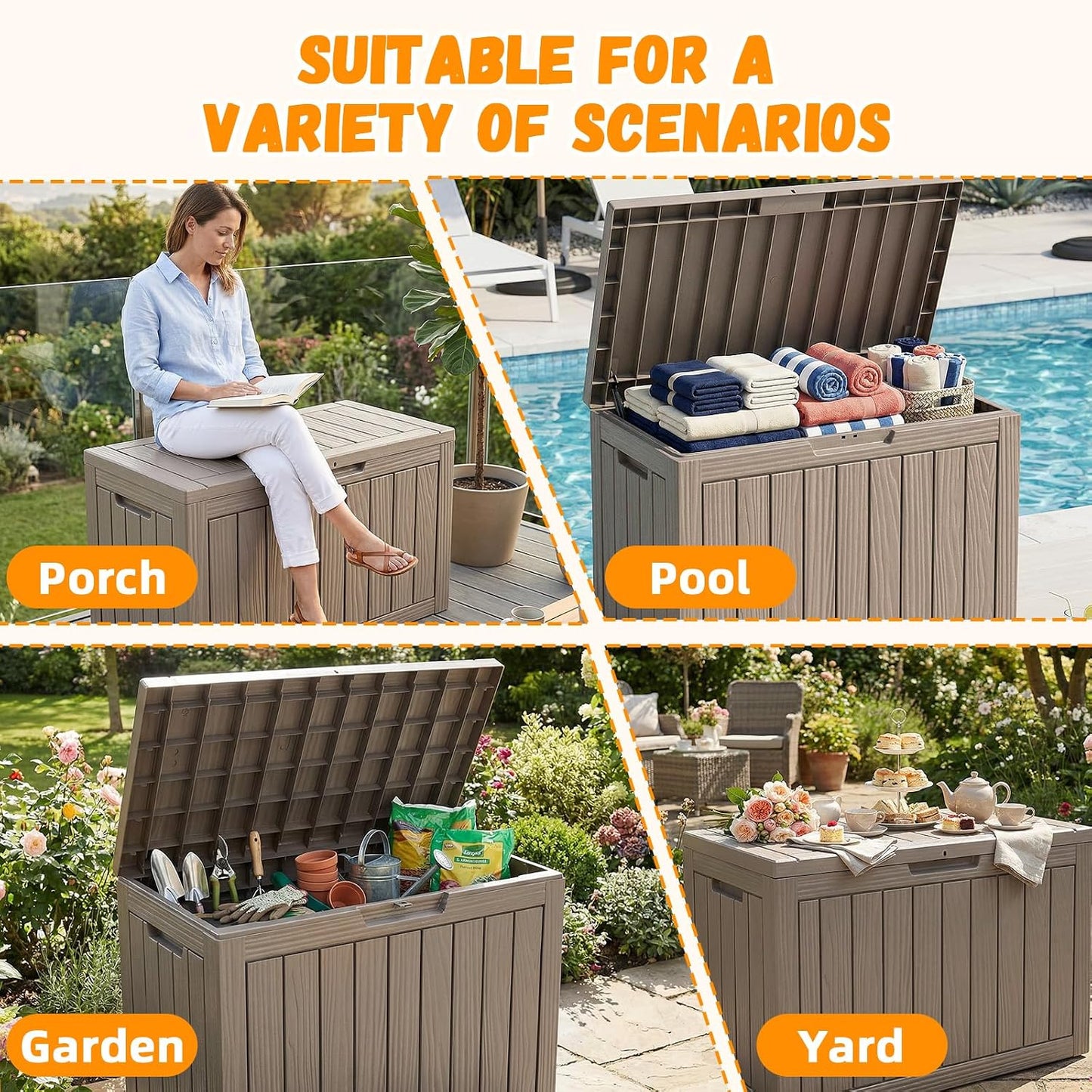 ROJIK 55Gal Outdoor Storage Box Waterproof Deck Box | Heavy-duty UV-resistant resin, space-saving for balcony/patio, stores cushions/tools/pool gear, lockable lid as table/bench