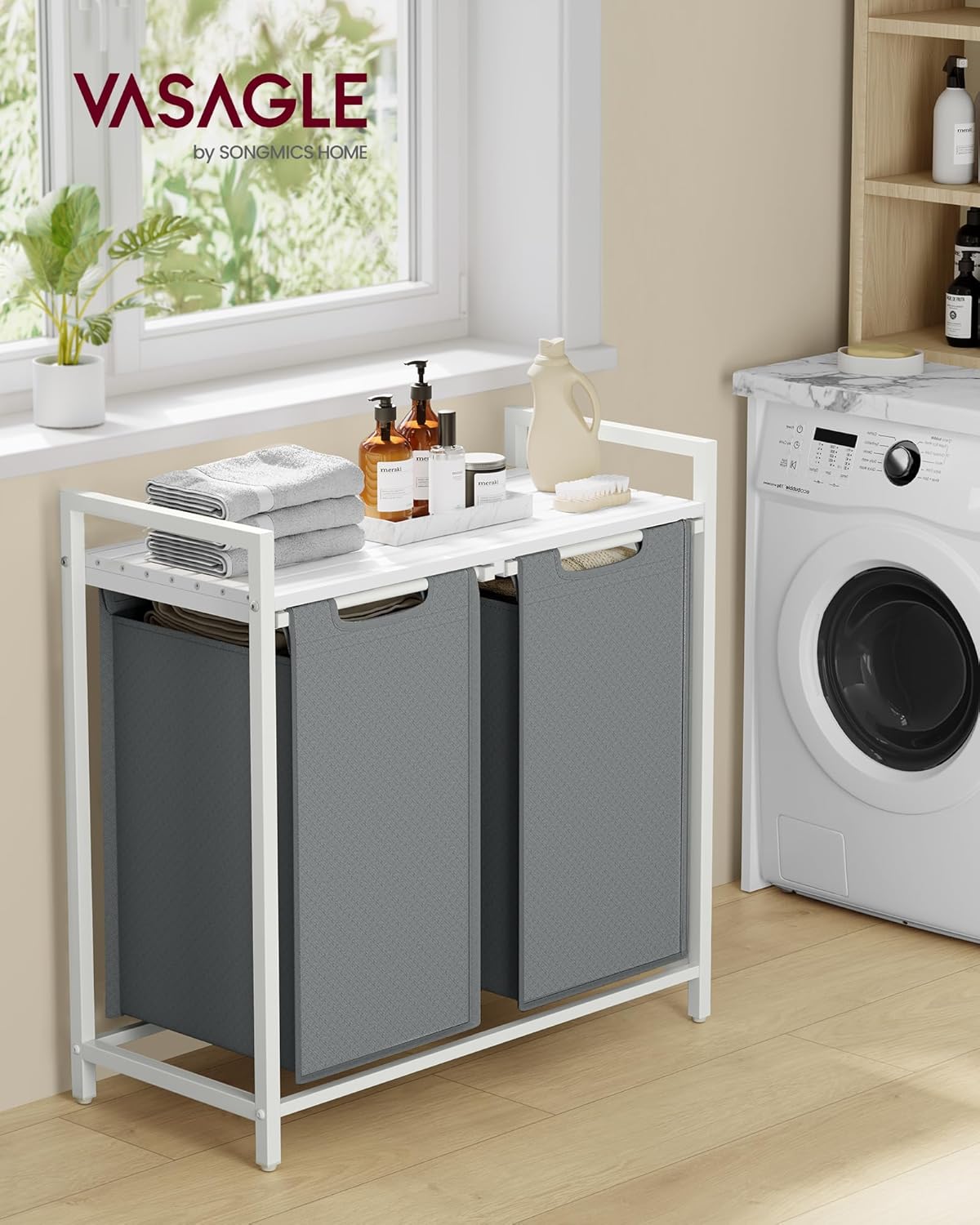 VASAGLE Laundry Hamper, Laundry Basket Sorter with 3 Pull-Out and Removable Bags, Shelf, Metal Frame, 3 x 10.6 Gallons (40 L), 36.4 x 13 x 28.4 Inches, Cappuccino Beige and Natural Beige UBLH301LH01