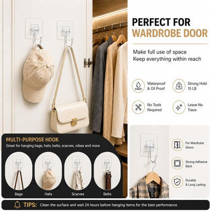 Heavy Duty Adhesive Hooks 60lb Max, 12 Pack Wall Hooks, Strong Stick On Hooks Traceless Waterproof & Rustproof for Bathroom Kitchen Home Hanging (12, Clear)