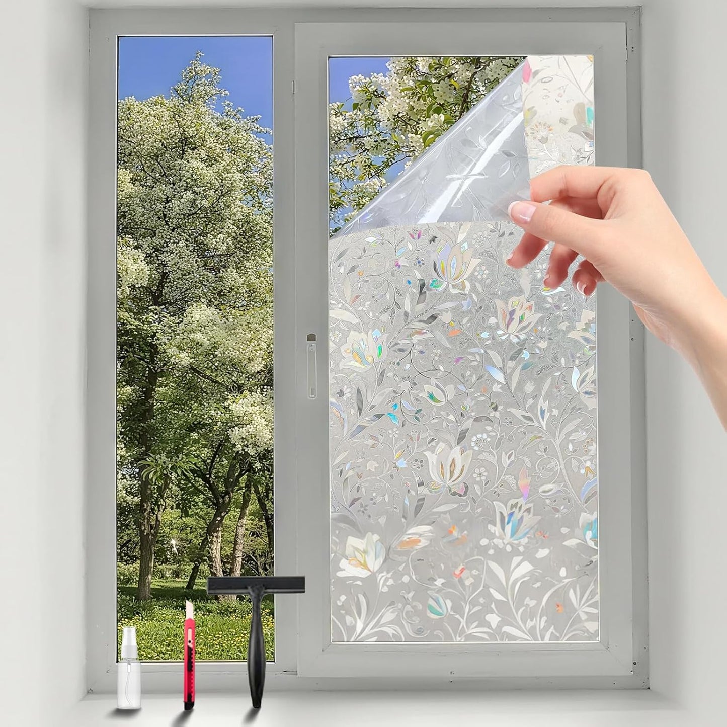 Frosted Window Privacy Film Static Cling, Removable Reusable Glass Sticker, Anti-UV Heat Blocking Decorative Window Film for Home Bathroom Bedroom with Installation Tools Frosted White 17x78inch