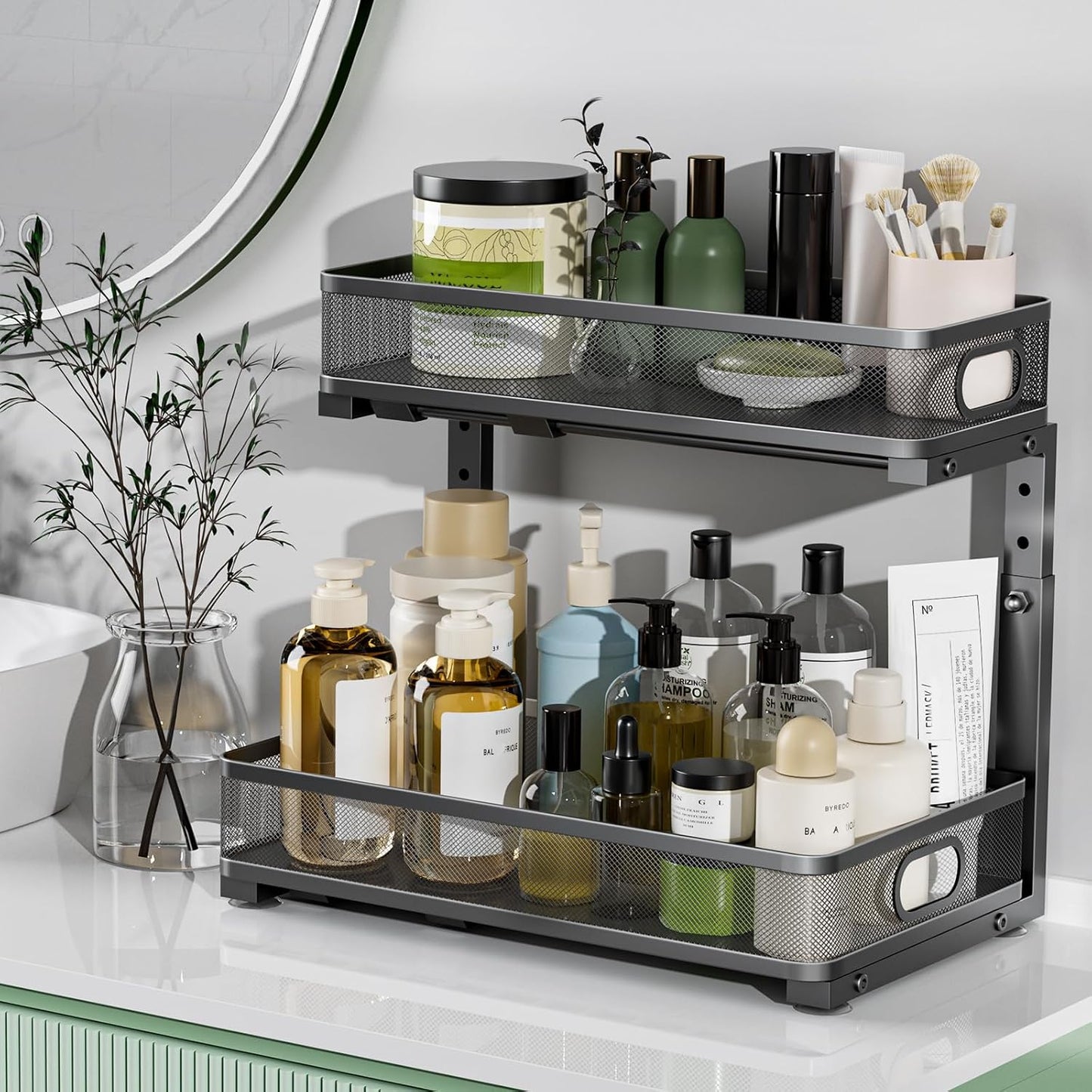 Under Sink Organizer 2 Pack, High Adjustable 2 Tier Under Sink Organizers and Storage, Slide out Metal Cabinet Organizers, Pull out Storage Drawer Shelf for Kitchen Bathroom Cabinet (Black-1pack)