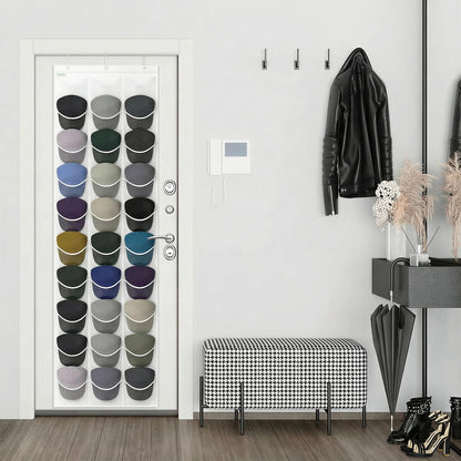 Baseball Hat Rack, 24 Pocket Over-The-Door Hat Organizer with Clear Deep Pockets to Display Baseball Caps Collection, Complete with 3 Over Door Hooks (Black, 24 Pockets)