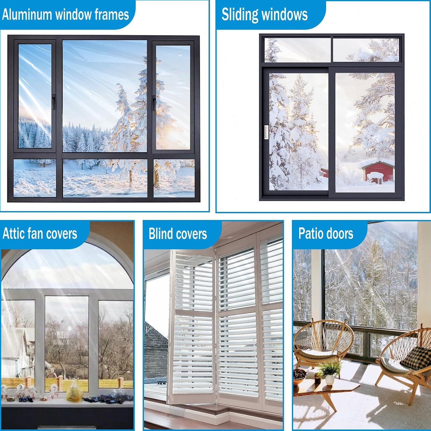 Window Insulation Kit, 63 × 394 Inch Plastic Window Covering for Winter, Window Insulation Film Window Wrap Insulation Windows Winterizing Kit with Double-Sided Tape for 10 Pcs 3 x 5 Ft Windows