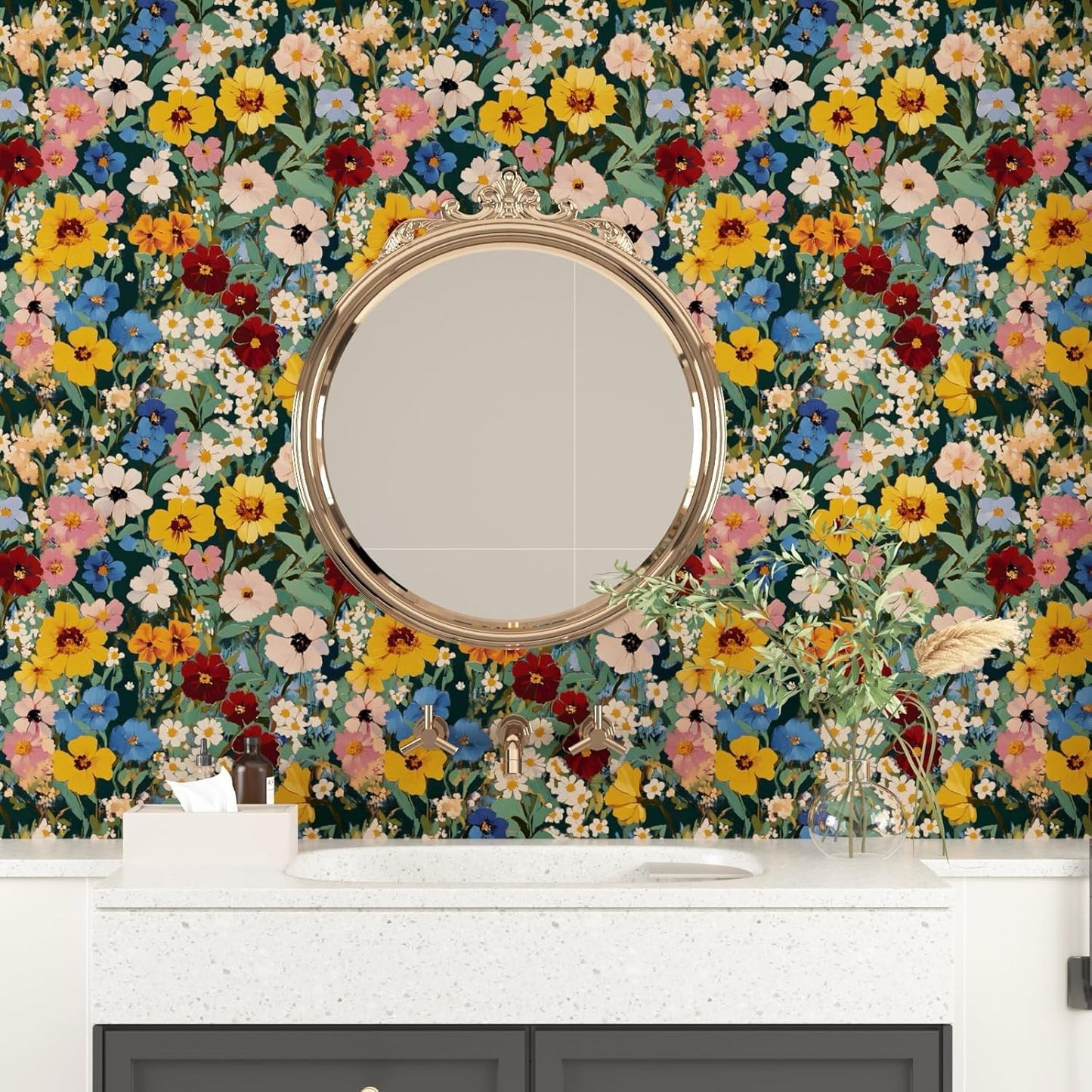 BOKEBEVE Watercolour Floral Peel and Stick Wallpaper Boho Vibrant Contact Paper Renter Friendly Wall Paper for Countertop Cabinet Wall Shelf Liner Removable Blue Colorful 17.5 x 118In