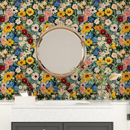 BOKEBEVE Watercolour Floral Peel and Stick Wallpaper Boho Vibrant Contact Paper Renter Friendly Wall Paper for Countertop Cabinet Wall Shelf Liner Removable Blue Colorful 17.5 x 118In