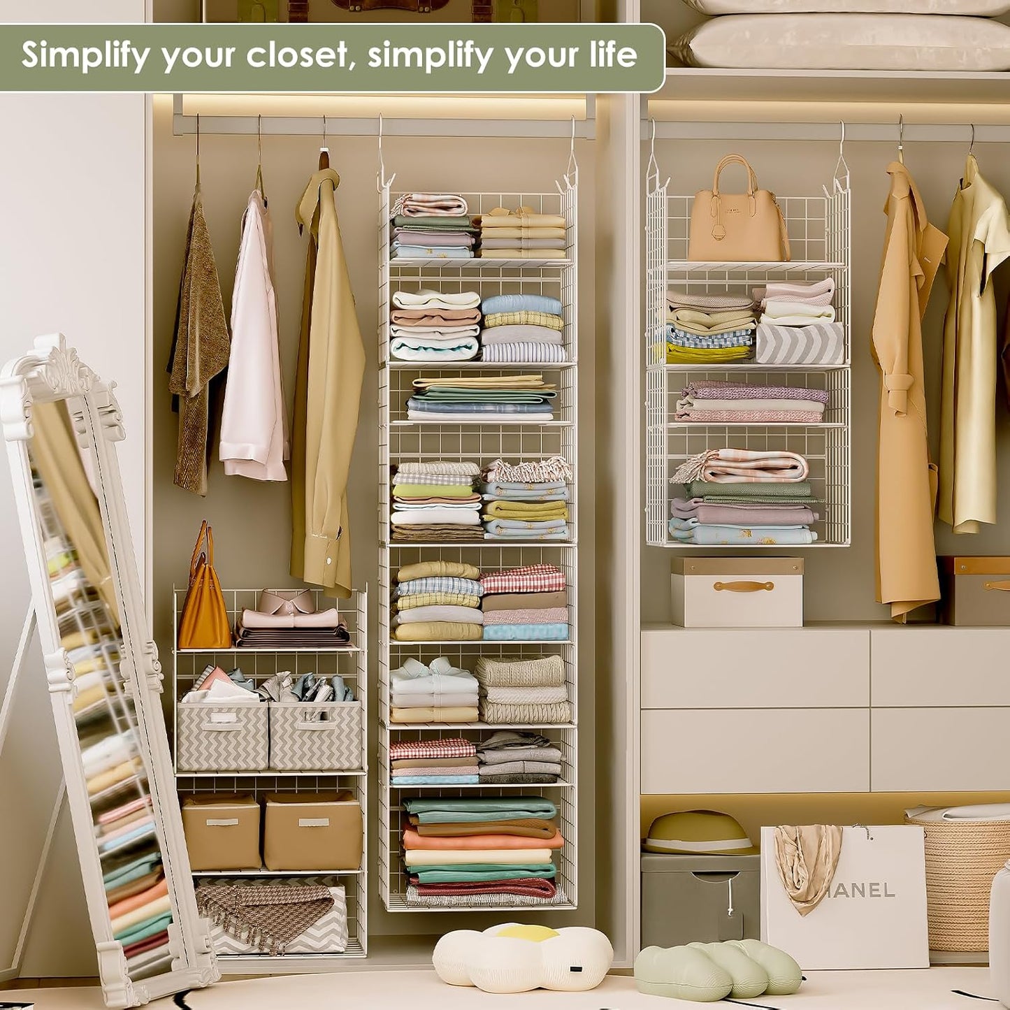 X-cosrack Closet Hanging Organizer Shelves - 5 Tier Wardrobe Organizers and Storage Bin, Hanging Organizer Shelves, Clothes Shelf with Adjustable Dividers for Bedroom Closet Sweater Shoes Handbag