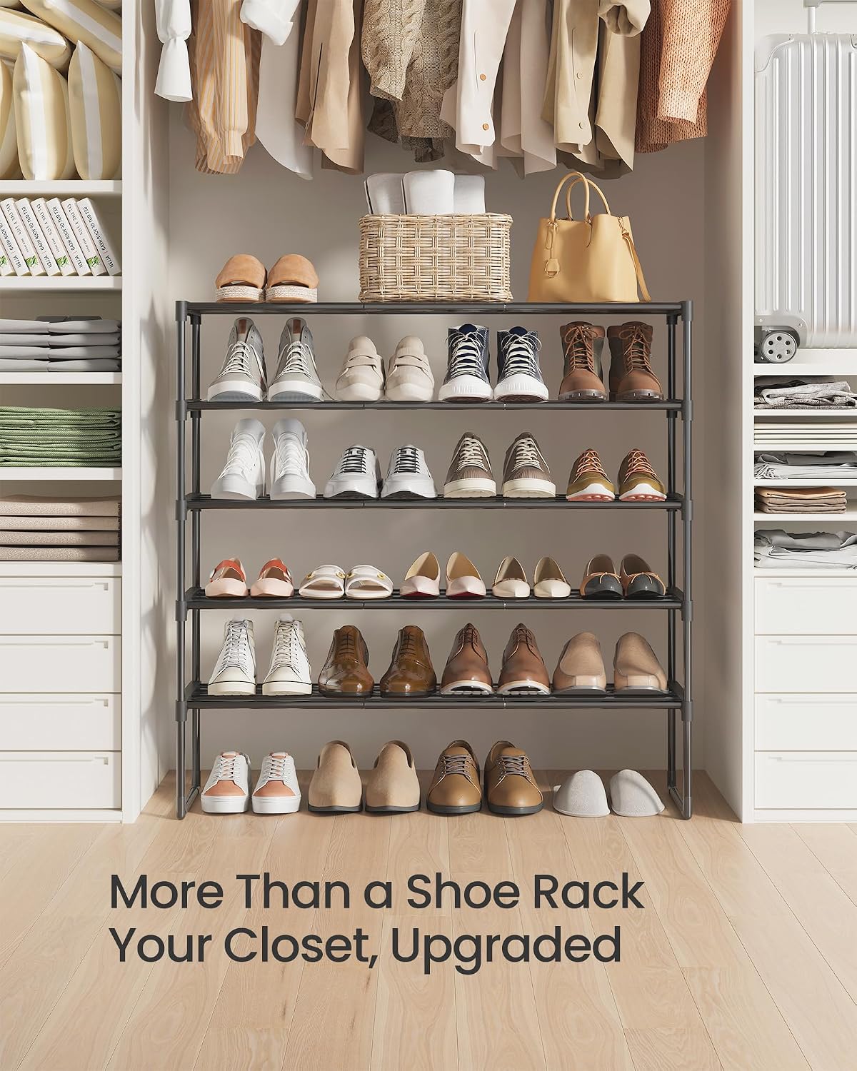 SONGMICS Shoe Rack, 6-Tier Shoe Organizer, Metal Storage Shelf, Upright or Upside Down, for 24-30 Pairs, Stackable, for Entryway, 11.8 x 36.2 x 42.7 Inches, Black ULSA306BH01
