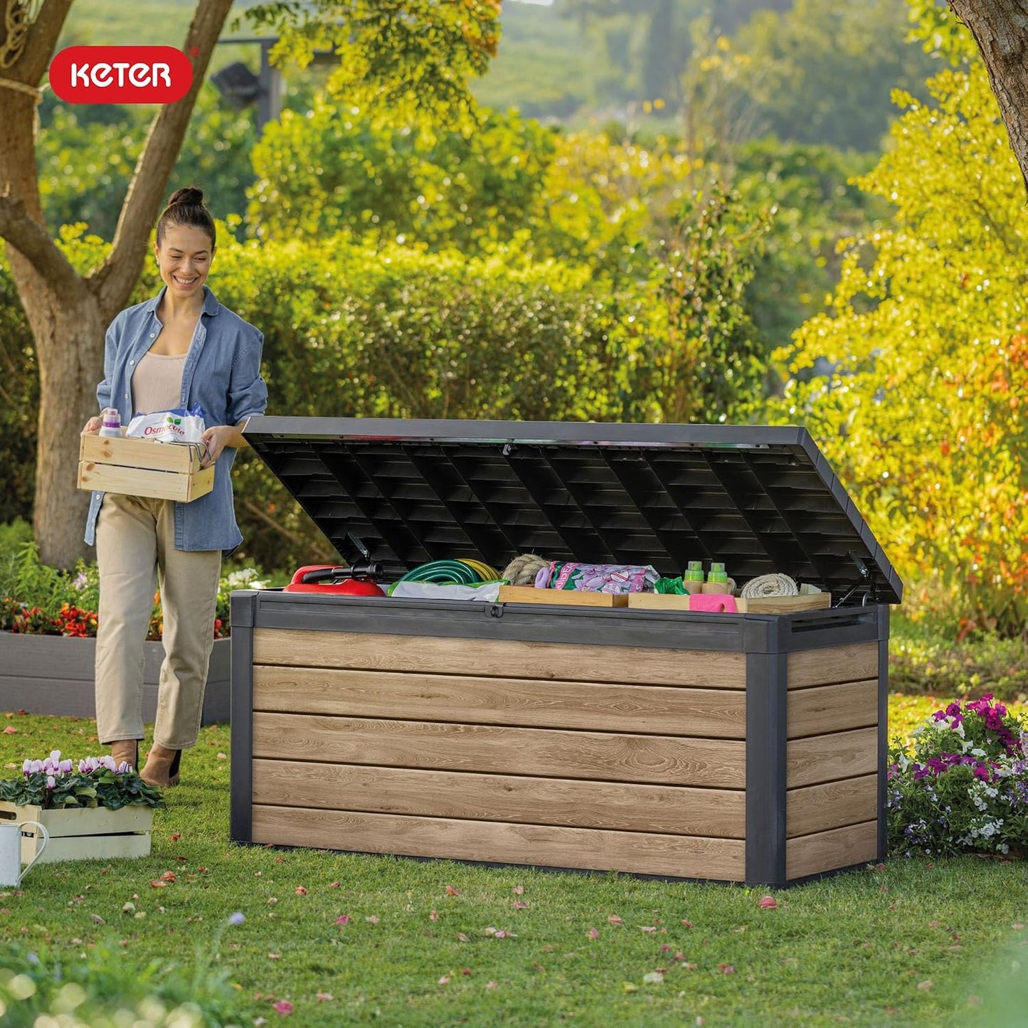Keter Signature Everwood 30 Gallon Resin Outdoor Storage Box and Patio Furniture Side Table for Pool and Garden Accessories, Walnut